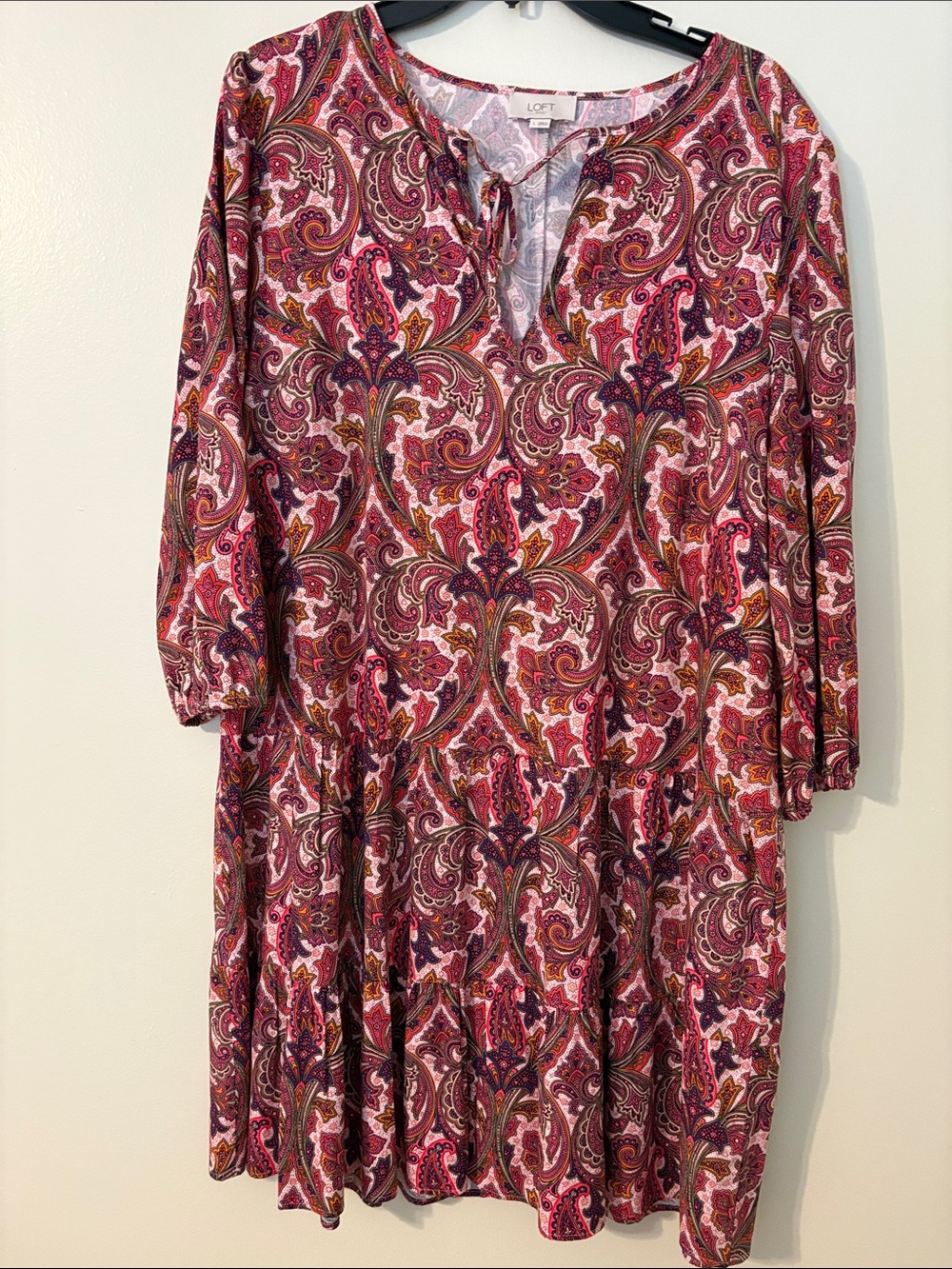 LOFT Pink Paisley Tiered Midi Dress with Multicolor Accents